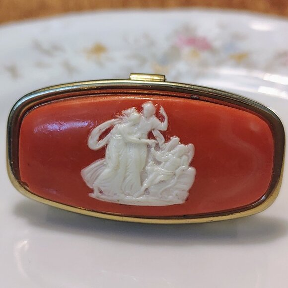 Vintage Japan Mirrored Lipstick Tube Holder Ring Cameo Carved Coral Lucite - Picture 2 of 8